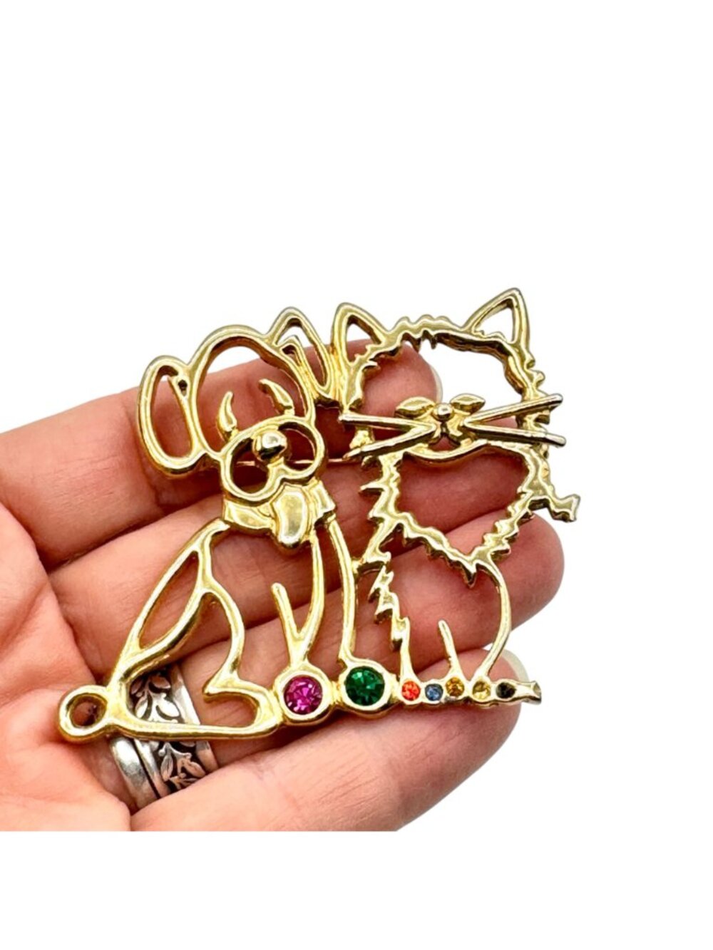 Vintage Stylized Dog and Cat Brooch Openwork Gold Tone Large Modernist 2.5" - Picture 3 of 7